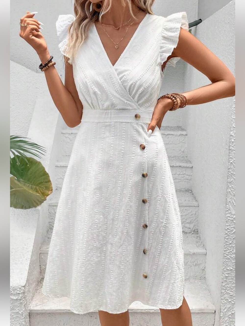 SHEIN White Button-Trim Wrap Midi Dress women size large white